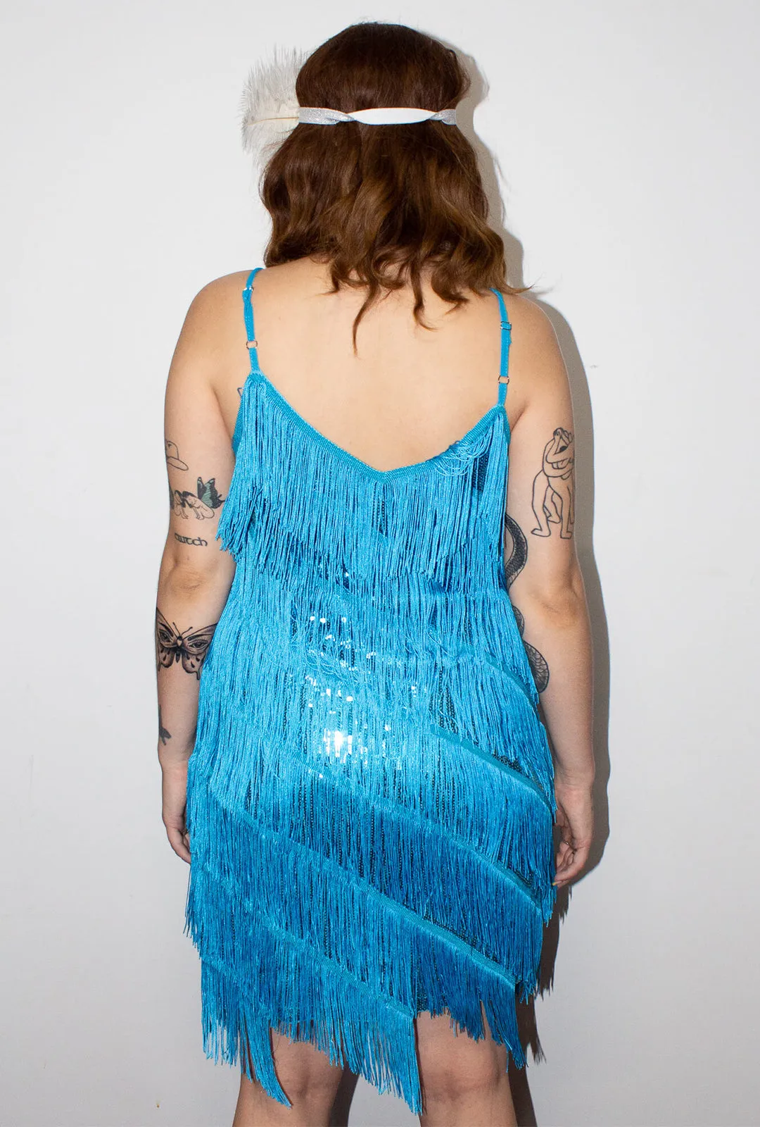 Aqua Blue Diagonal Fringe Sequined Flapper Dress