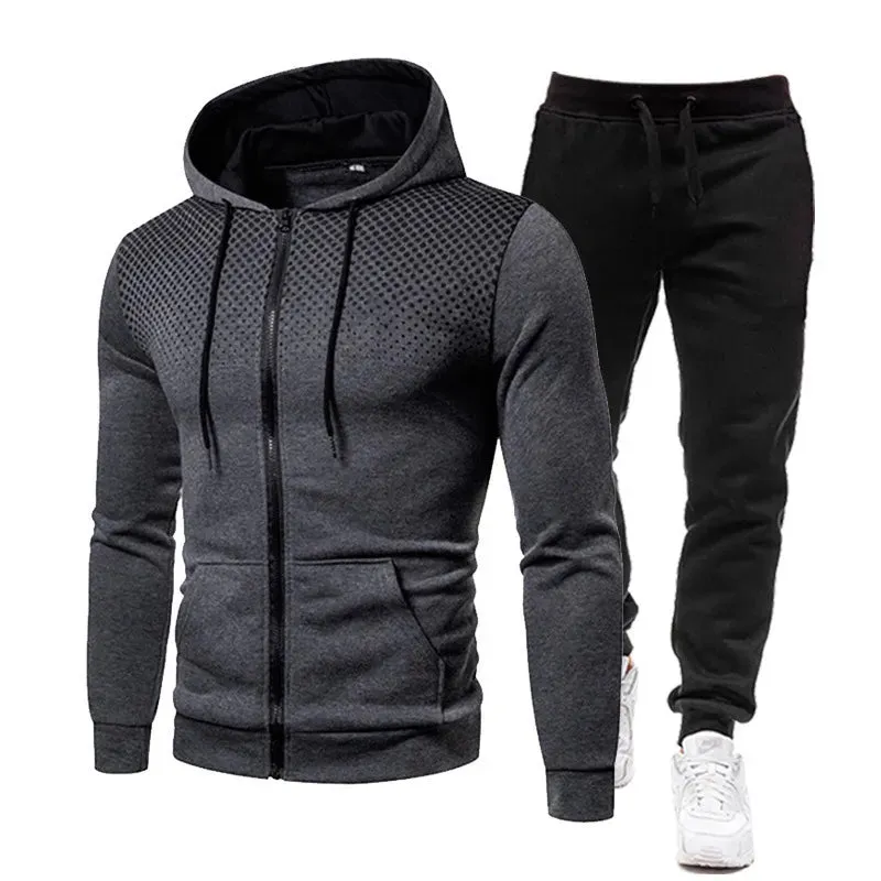 Autumn and Winter New , Solid Color Fleece Sweater Pants Men's Casual Zipper Sports Hat Set