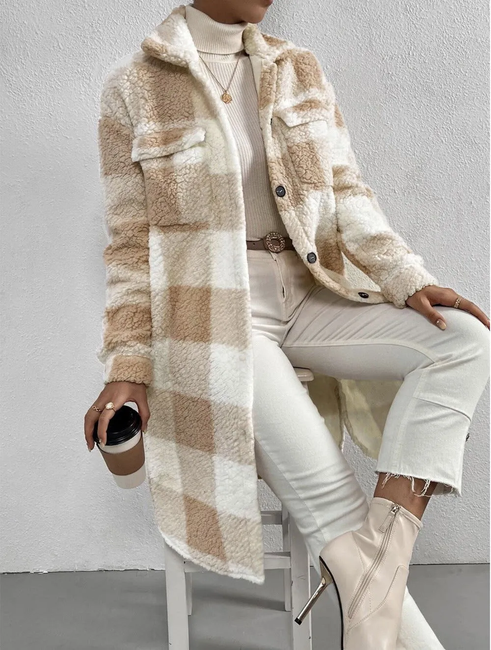 Autumn Winter Open Buckle Collared Plush Plaid Coat Loose Office Long Cut Coat Women