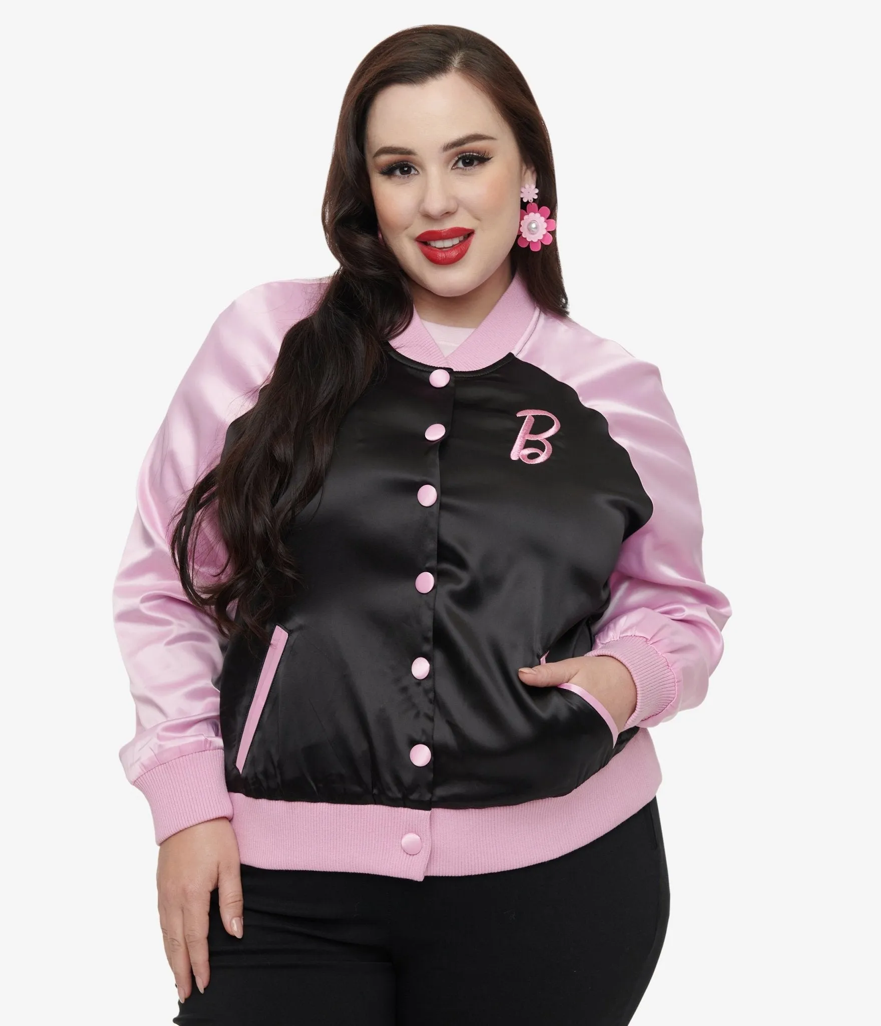 Barbie x Unique Vintage Plus Size Pink & Black OG Barbie Long Sleeve Bomber Jacket