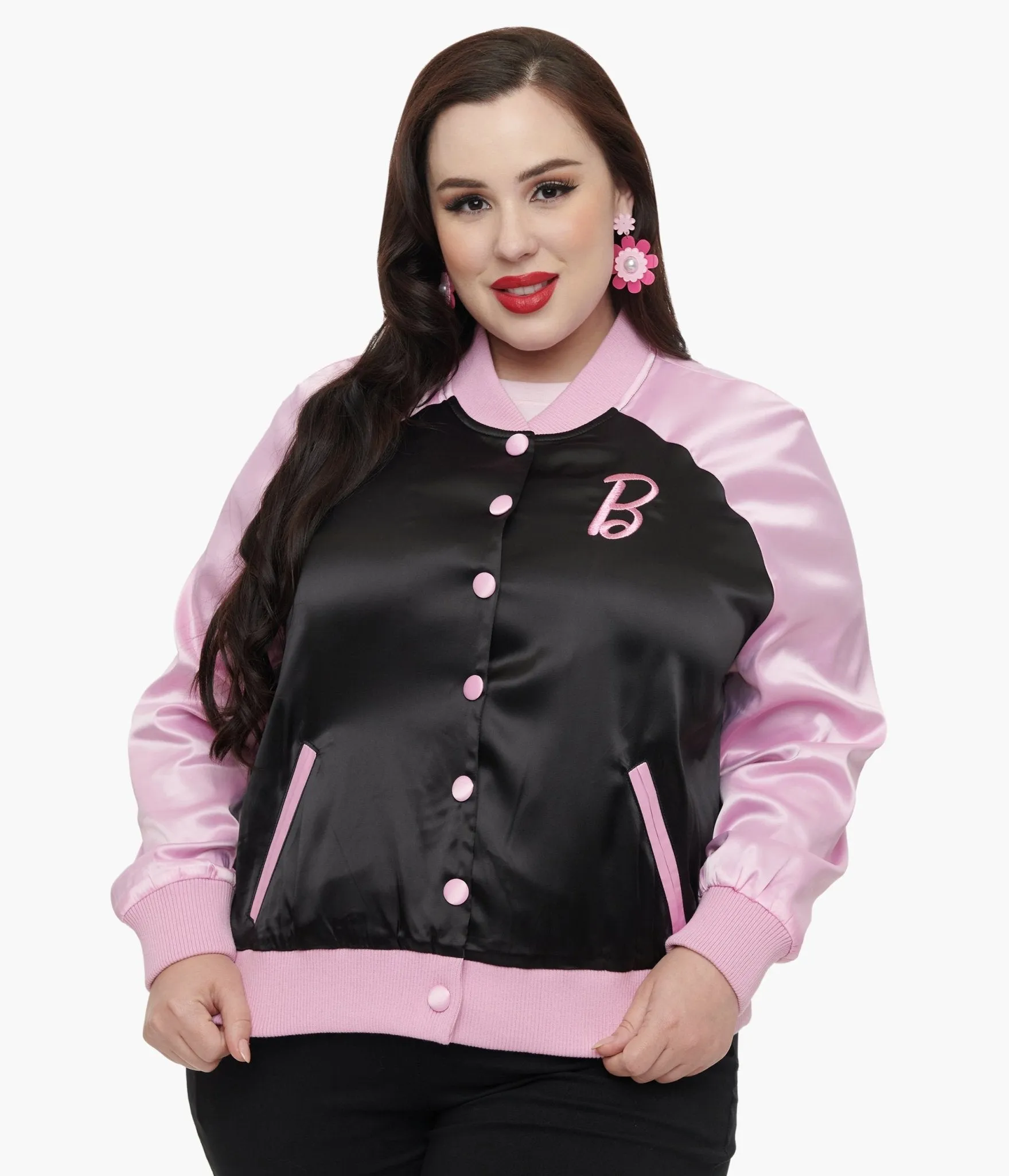 Barbie x Unique Vintage Plus Size Pink & Black OG Barbie Long Sleeve Bomber Jacket