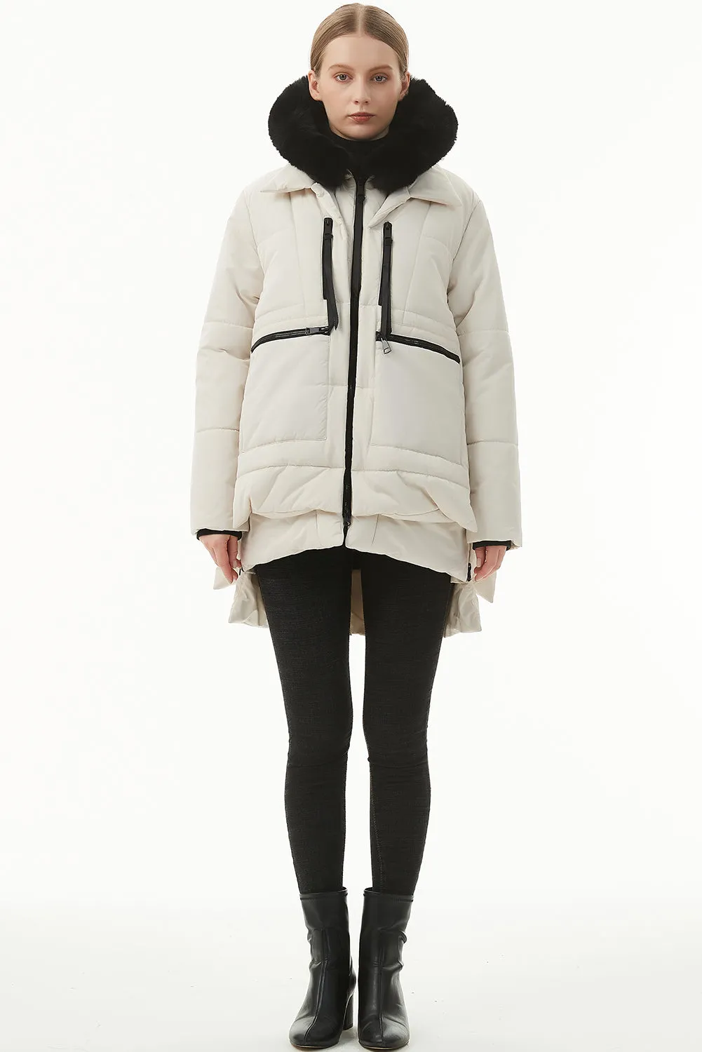 Beige Plush Linen Zip Up Hooded Puffer Coat