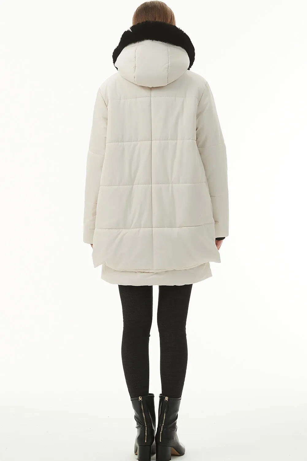 Beige Plush Linen Zip Up Hooded Puffer Coat