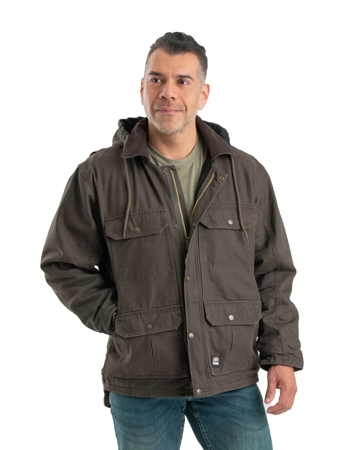 Berne Mens Olive Duck 100% Cotton Heartland Duck Zip Hooded Coat