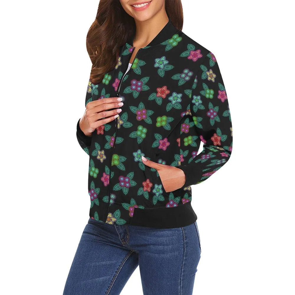 Berry Flowers Black Bomber Jacket for Women