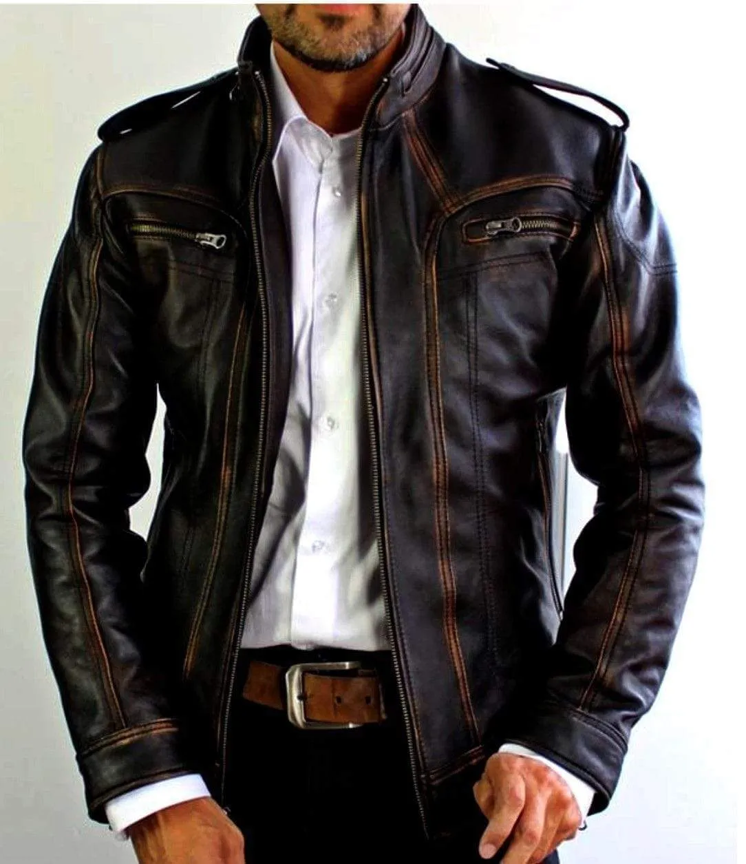 Biker Vintage Cafe Racer Distressed Brown Real Leather Jacket