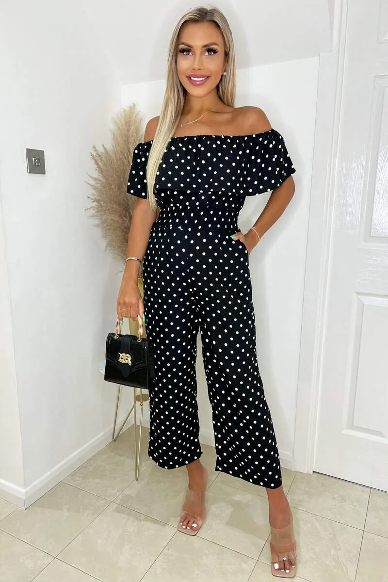 Black And White Polka Dot Bardot Jumpsuit