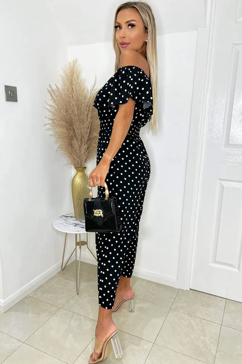 Black And White Polka Dot Bardot Jumpsuit