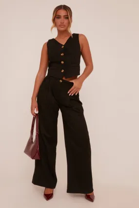 Black Pleat Detail Wide Leg Trousers - Ether