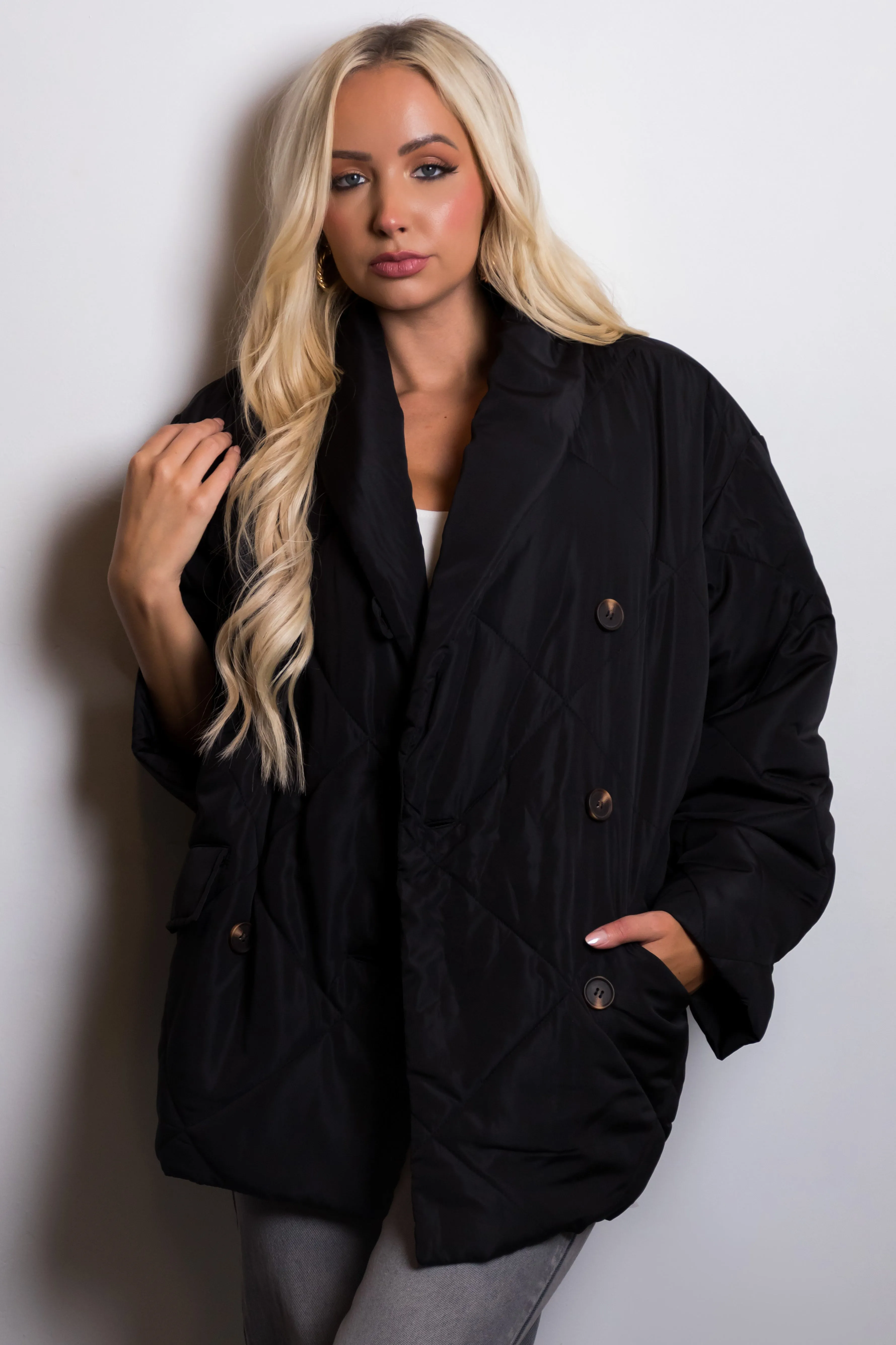 Black Quilted Double Button Down Coat Jacket