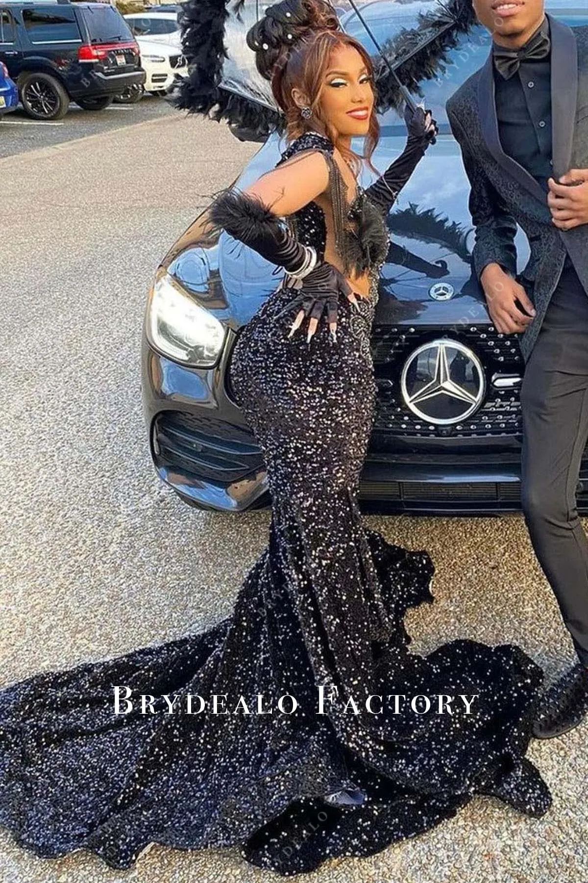 Black Rhinestone Sequin Sleeveless Trumpet Long Train Prom Dress