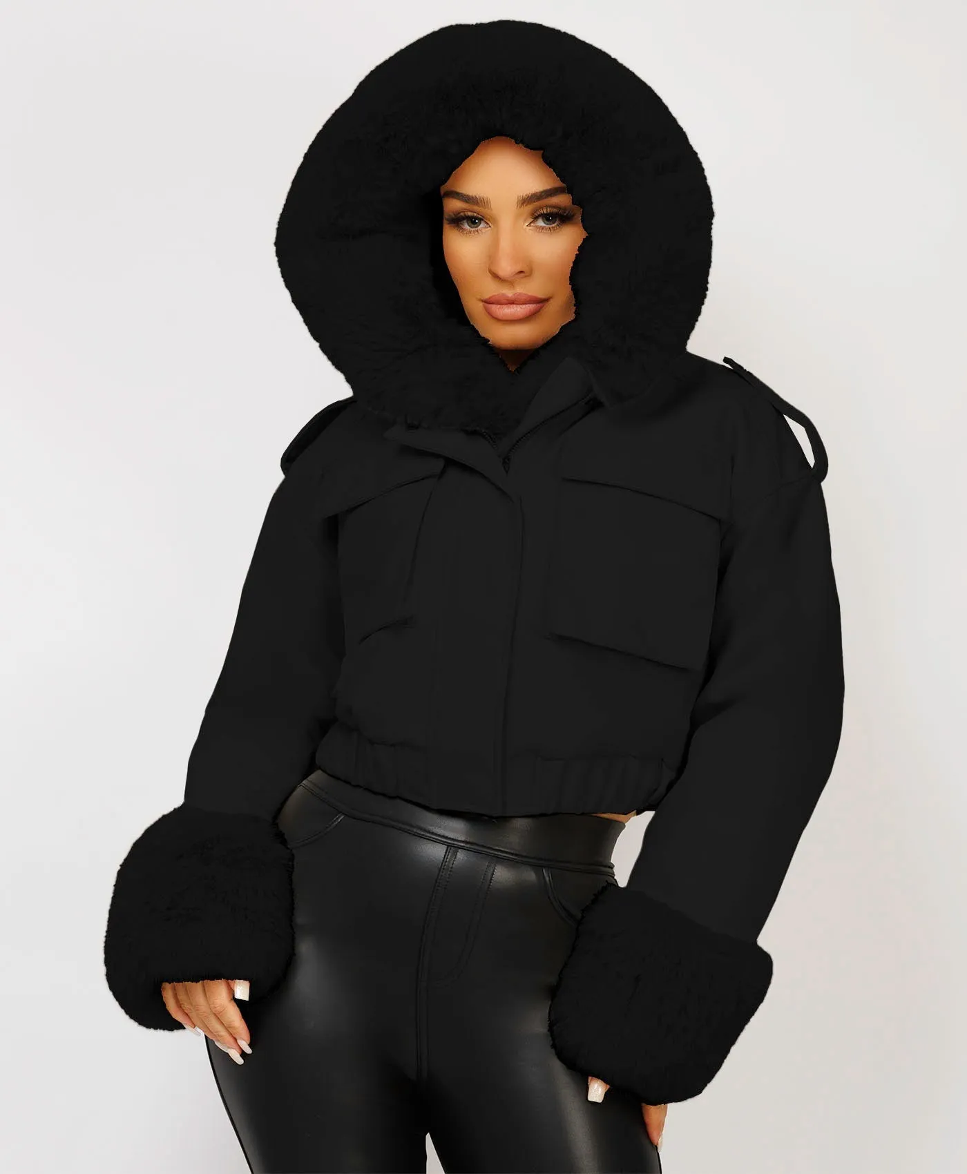 Black Vegan Leather Faux Fur Trim Hooded Bomber Jacket