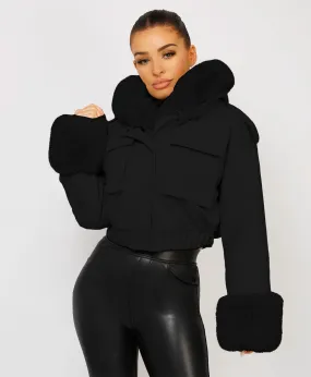 Black Vegan Leather Faux Fur Trim Hooded Bomber Jacket