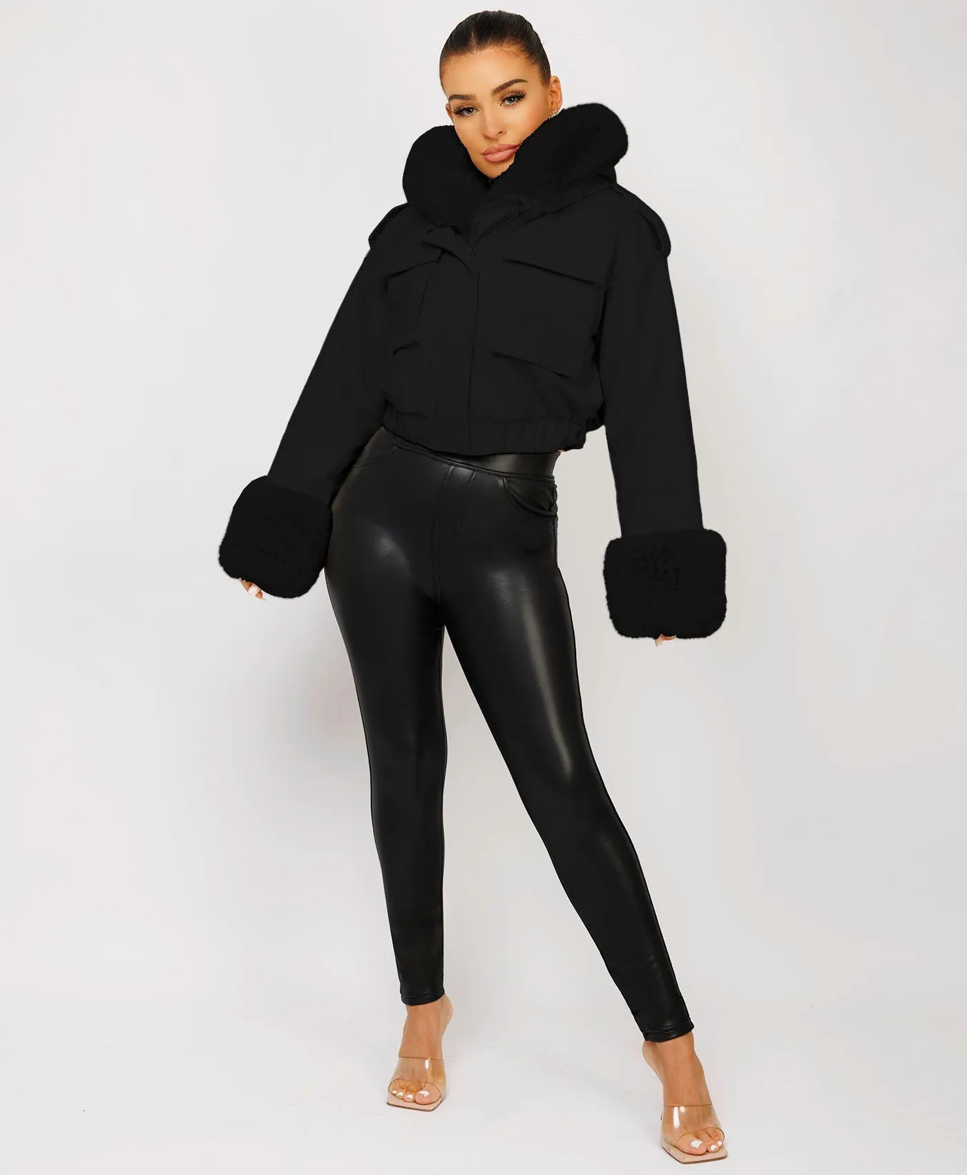 Black Vegan Leather Faux Fur Trim Hooded Bomber Jacket