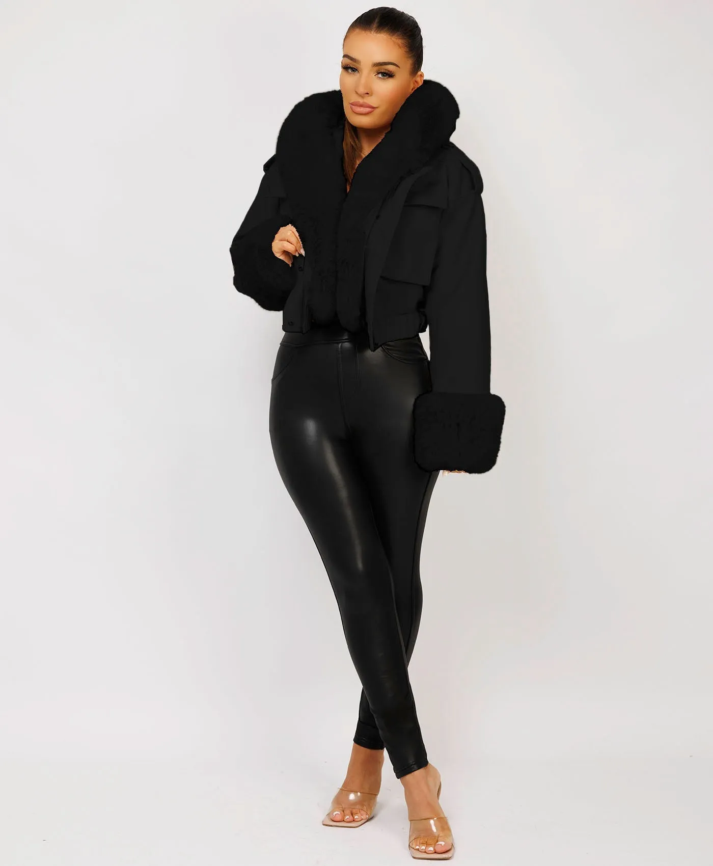 Black Vegan Leather Faux Fur Trim Hooded Bomber Jacket