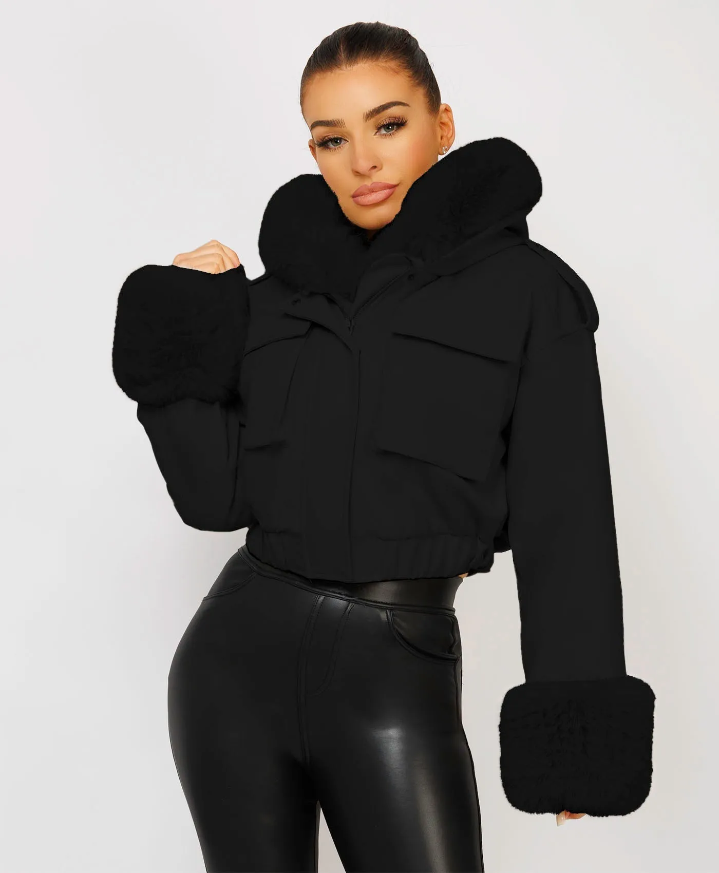 Black Vegan Leather Faux Fur Trim Hooded Bomber Jacket