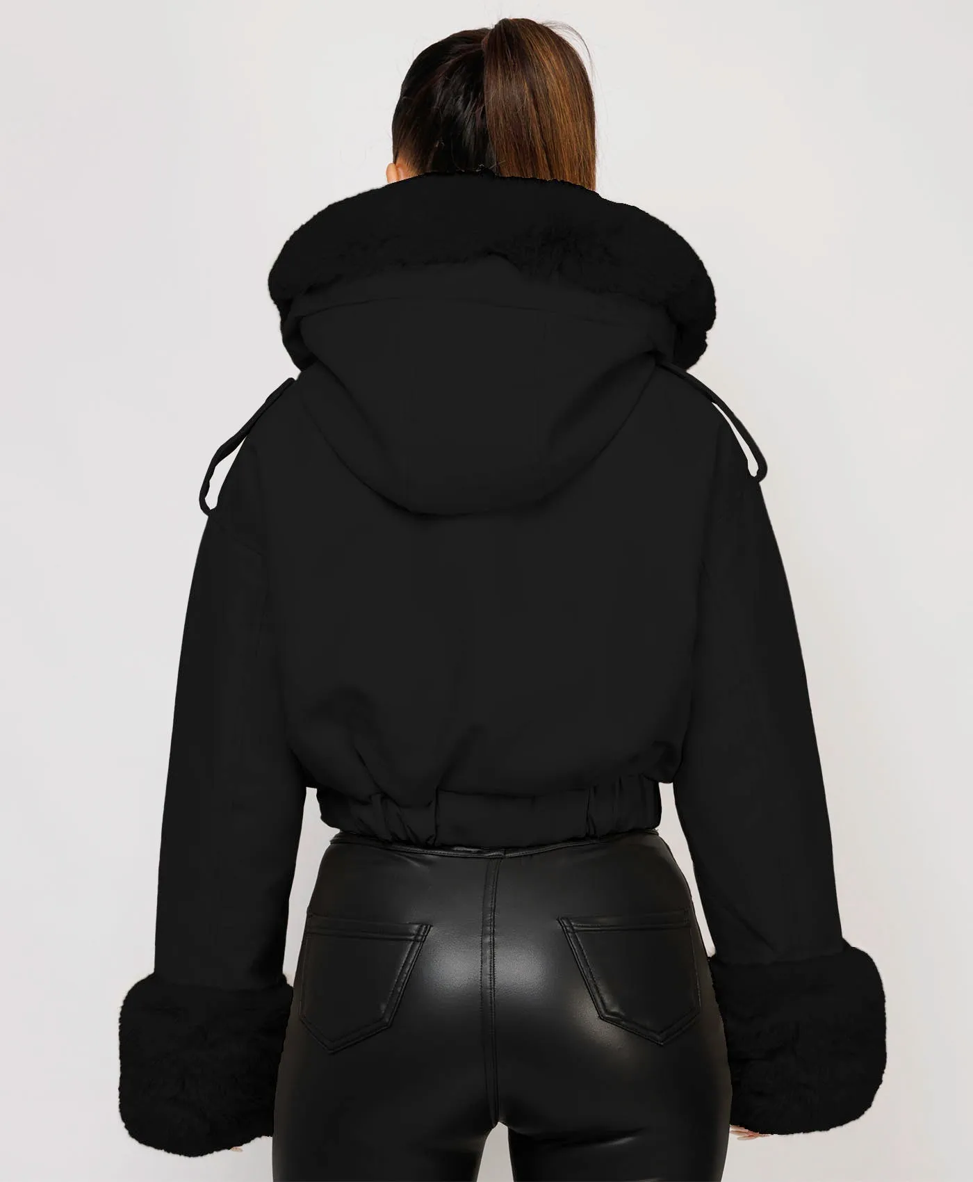 Black Vegan Leather Faux Fur Trim Hooded Bomber Jacket