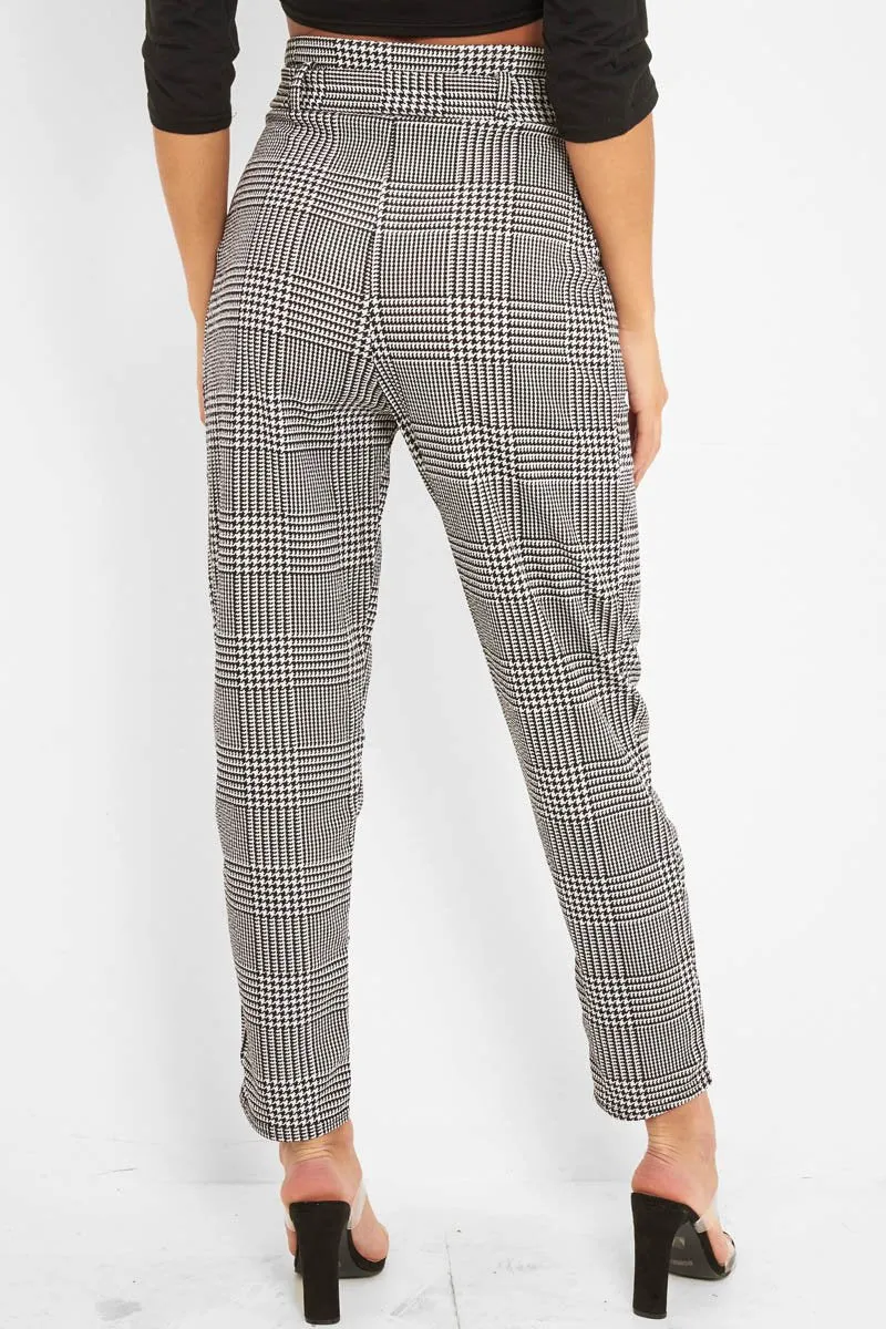 Black White Houndstooth Belted Tapered Trousers - Aasia