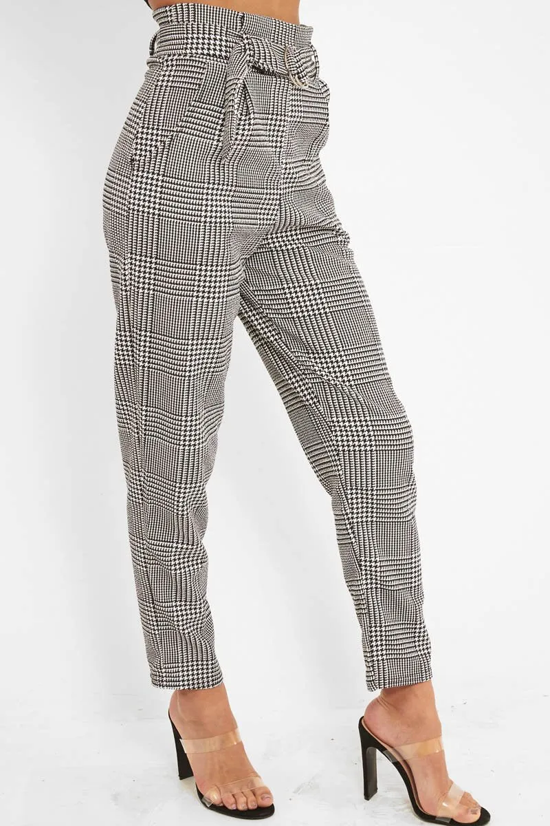 Black White Houndstooth Belted Tapered Trousers - Aasia