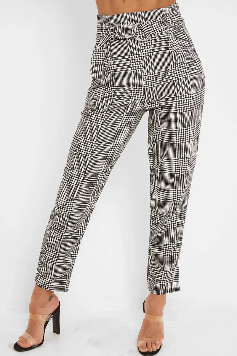 Black White Houndstooth Belted Tapered Trousers - Aasia