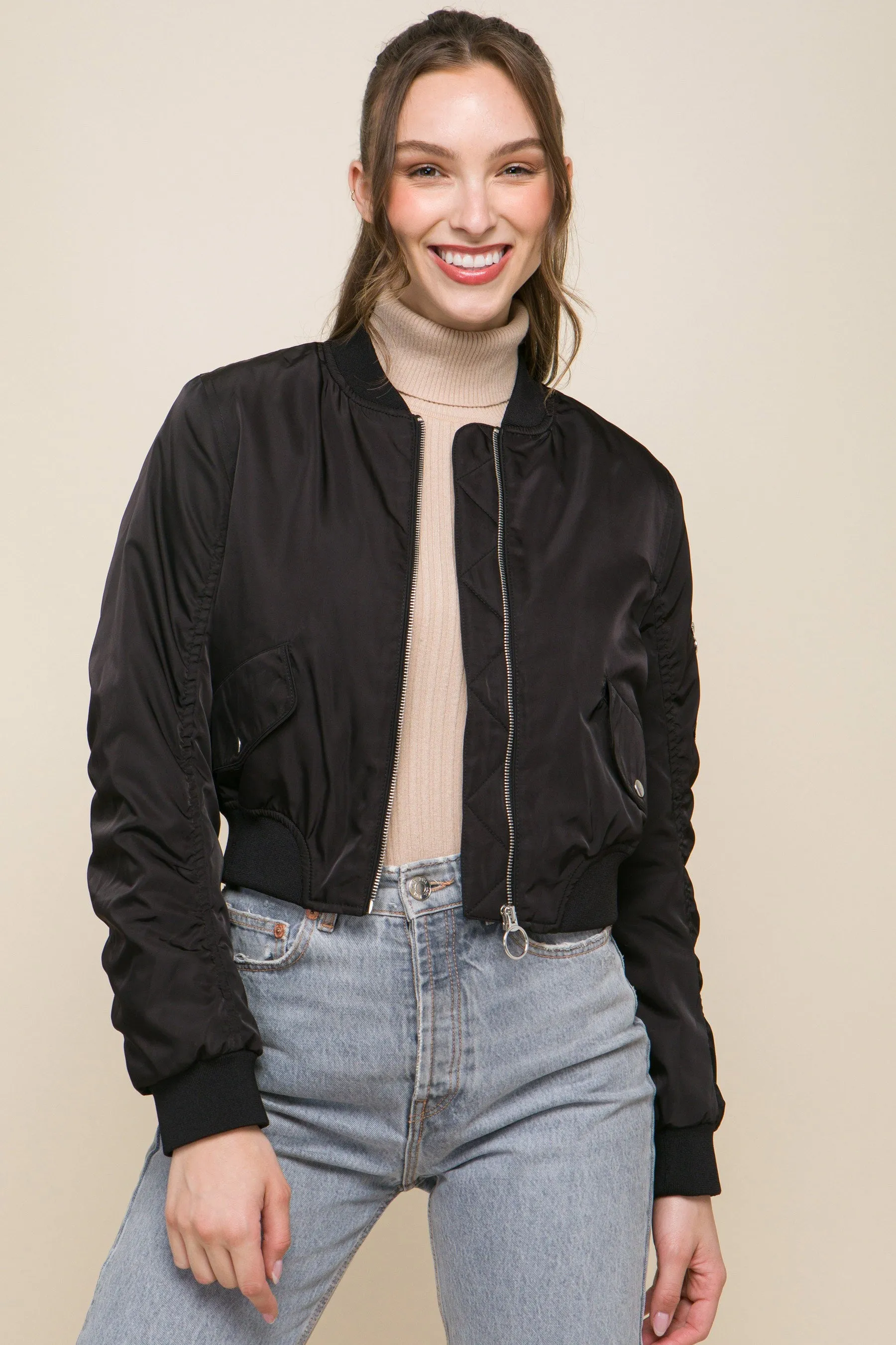 Black Zip Up Bomber Jacket With Sleeve Zipper Detail