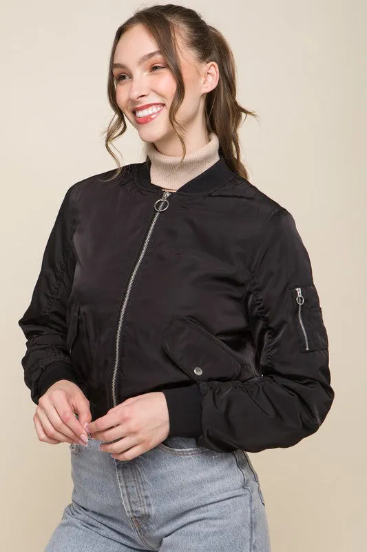 Black Zip Up Bomber Jacket With Sleeve Zipper Detail