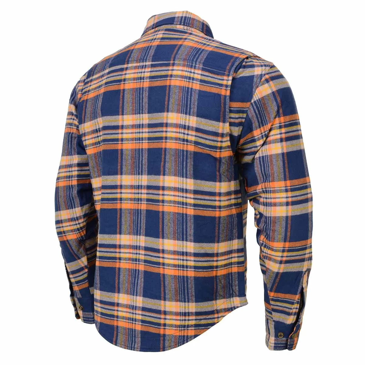 Blue and Orange Flannel Biker Shirt for Men with CE Armor - Reinforced w/ Aramid Fiber