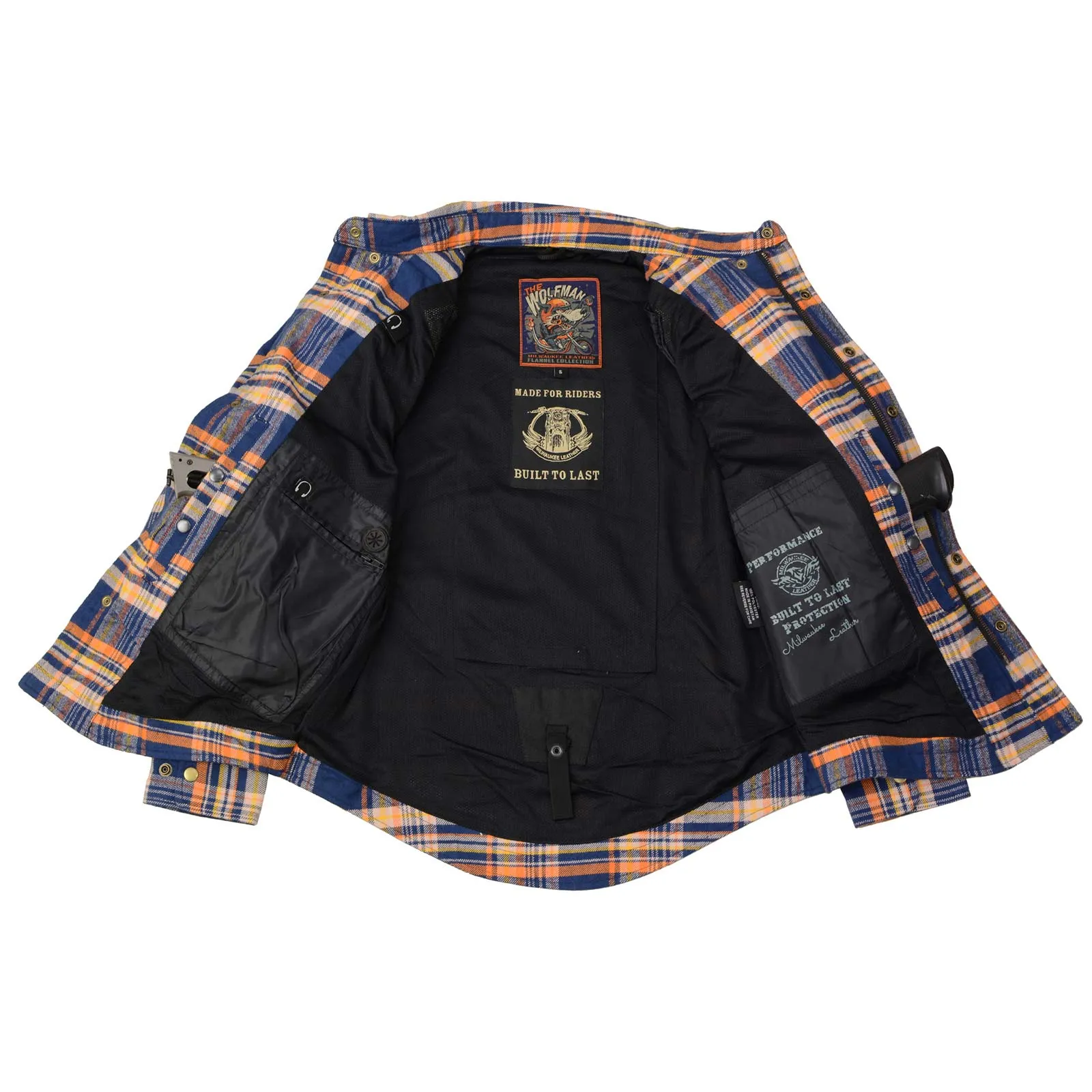 Blue and Orange Flannel Biker Shirt for Men with CE Armor - Reinforced w/ Aramid Fiber