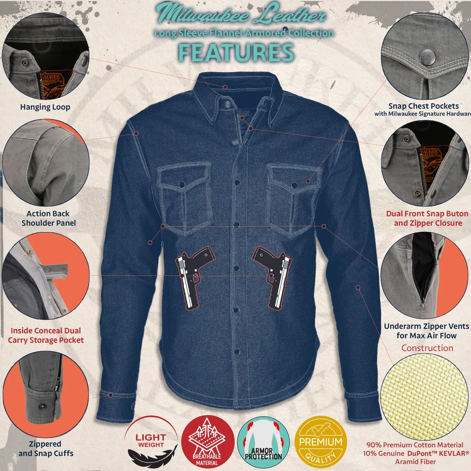 Blue and Orange Flannel Biker Shirt for Men with CE Armor - Reinforced w/ Aramid Fiber