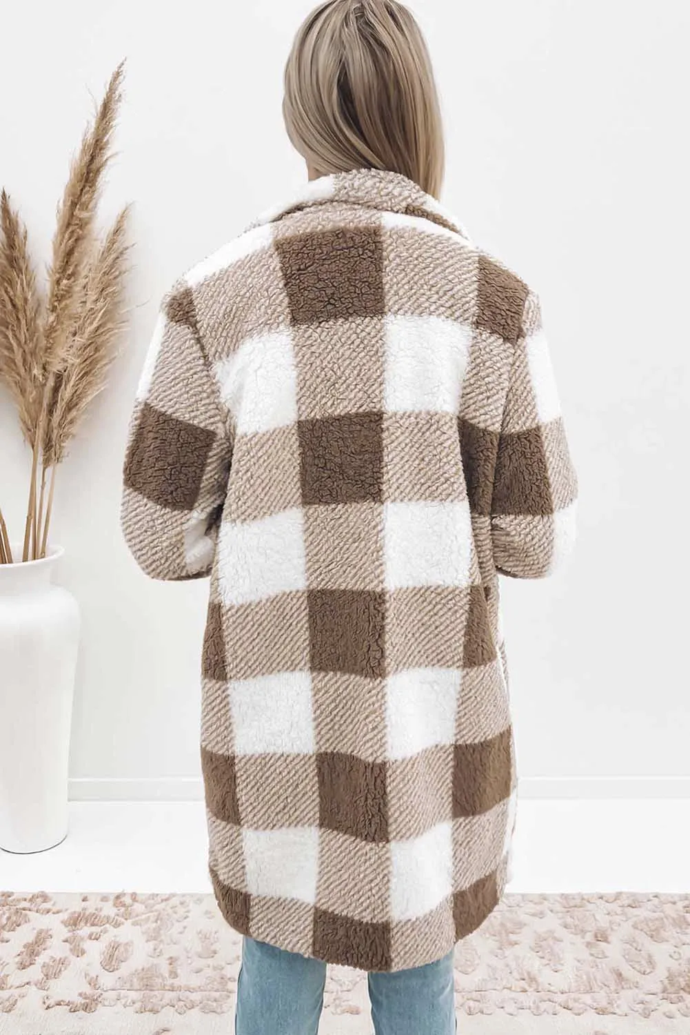 Brown Plaid Lapel Collar Long Open Front Coat