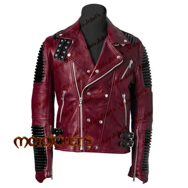 Burgundy Black Moto Ribbed Letaher Jacket, Stylish Fashion Biker Leather Jacket