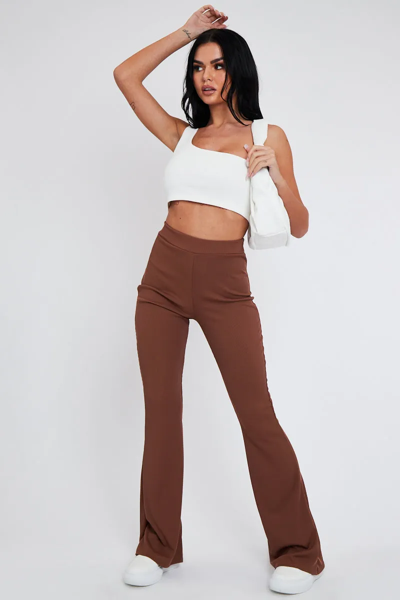 Camel Ribbed Flare Trousers - Jori