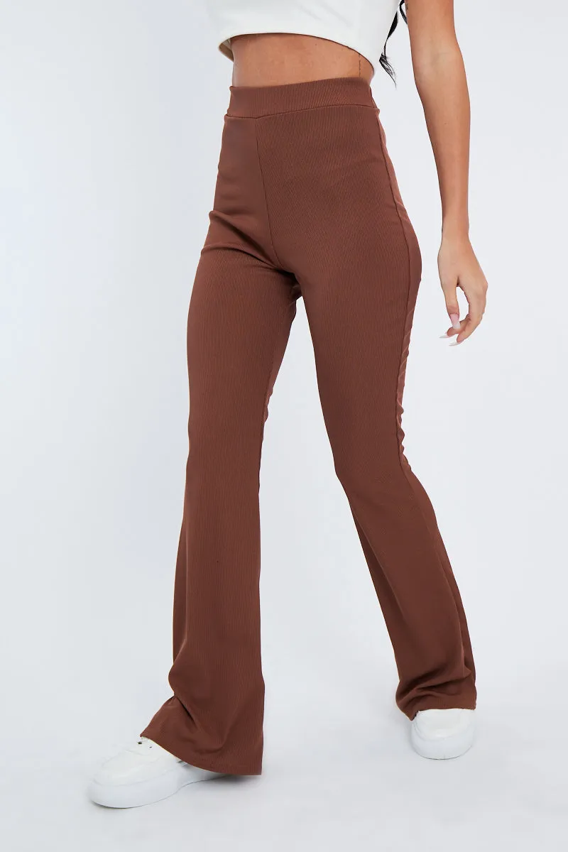 Camel Ribbed Flare Trousers - Jori