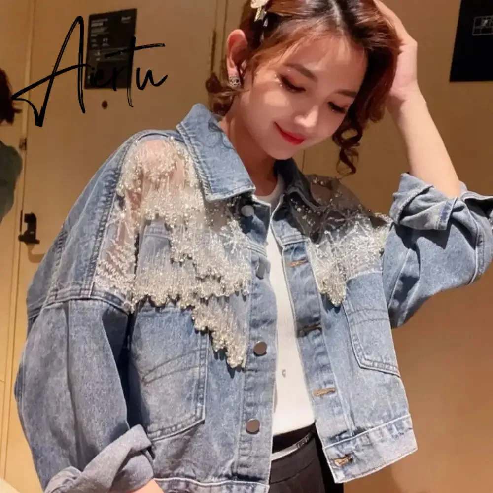 Chic Diamond-studded Denim Jacket Loose Lace Mesh Stitching Sequined Bomber Jeans Coat Hollow Beaded Cardigan Thin Tops Chaqueta