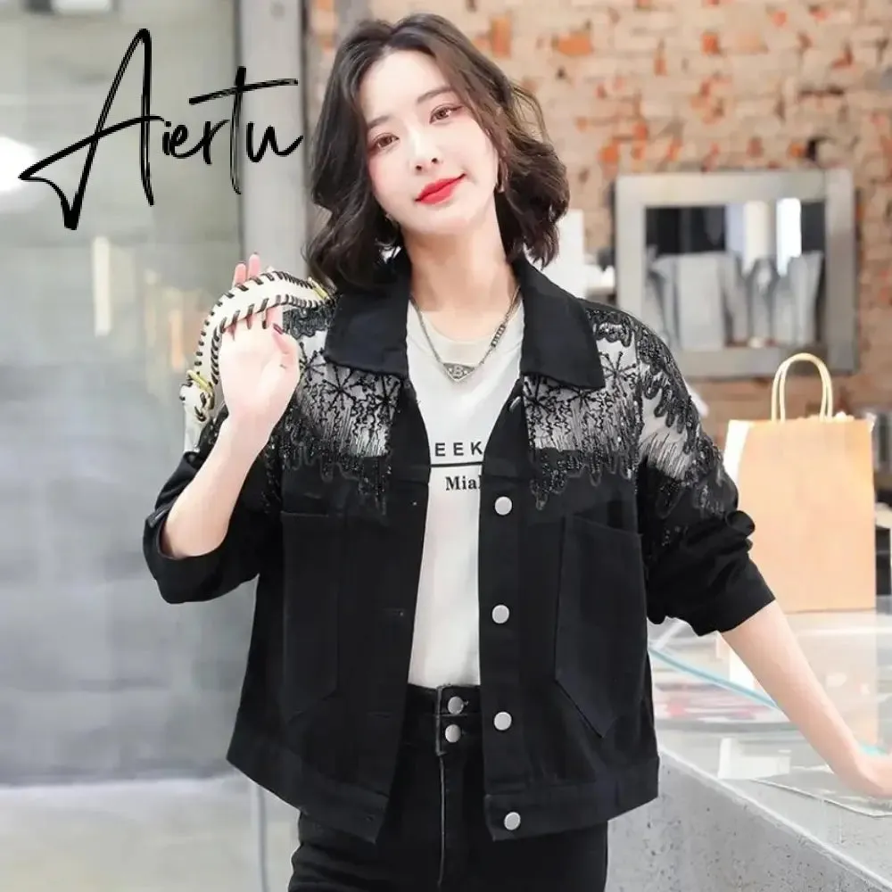 Chic Diamond-studded Denim Jacket Loose Lace Mesh Stitching Sequined Bomber Jeans Coat Hollow Beaded Cardigan Thin Tops Chaqueta