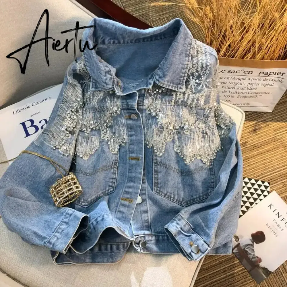 Chic Diamond-studded Denim Jacket Loose Lace Mesh Stitching Sequined Bomber Jeans Coat Hollow Beaded Cardigan Thin Tops Chaqueta