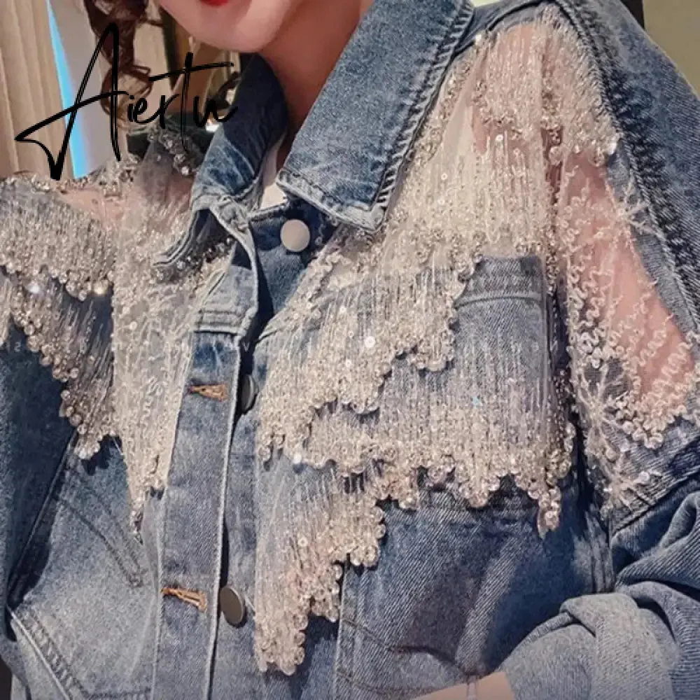 Chic Diamond-studded Denim Jacket Loose Lace Mesh Stitching Sequined Bomber Jeans Coat Hollow Beaded Cardigan Thin Tops Chaqueta