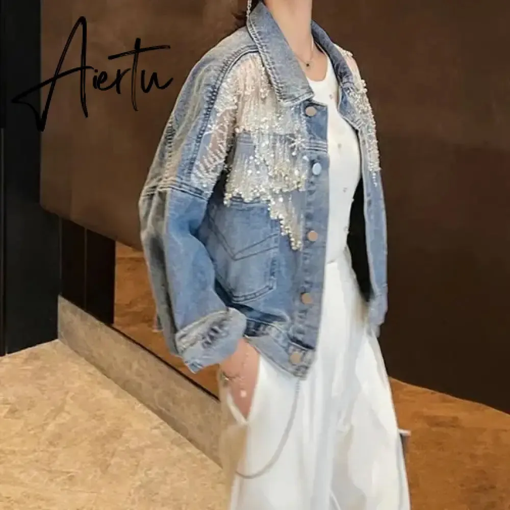 Chic Diamond-studded Denim Jacket Loose Lace Mesh Stitching Sequined Bomber Jeans Coat Hollow Beaded Cardigan Thin Tops Chaqueta