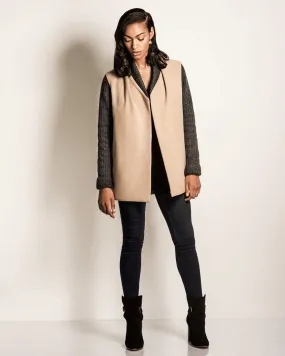 Coat Check | Tan Wool Car Coat with Charcoal Knit Sleeves