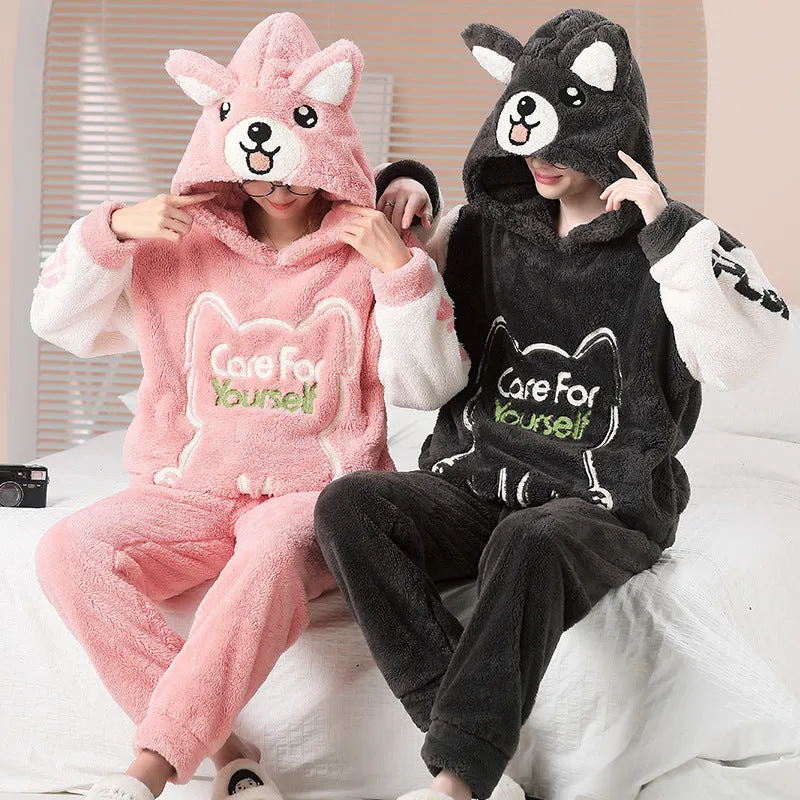 Coral Fleece Hood Cartoon Men's Home Wear Pajamas