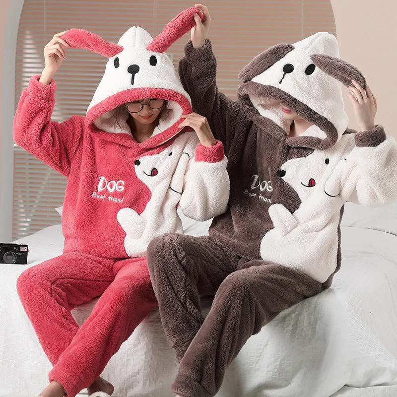 Coral Fleece Hood Cartoon Men's Home Wear Pajamas