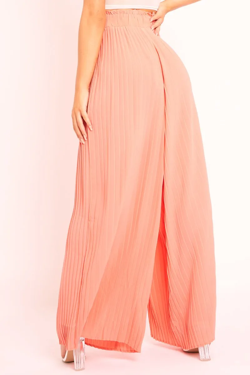 Coral Plisse Frill Waist Wide Leg Trousers - Otta