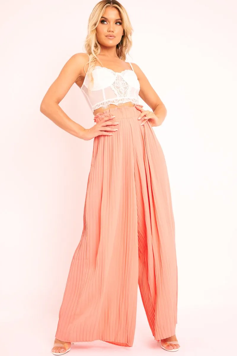 Coral Plisse Frill Waist Wide Leg Trousers - Otta