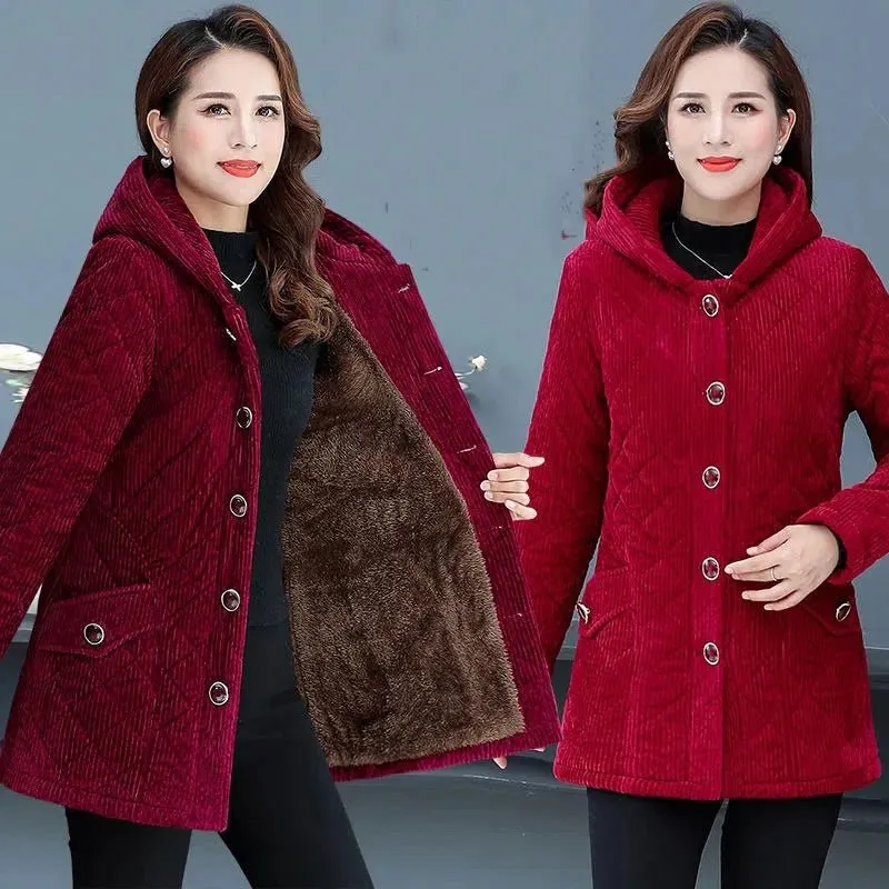 Corduroy Jackets for Women 2024 New Solid Loose Hooded Outerwear Warm Casual Overcoats Ideal for Middle-aged and Elderly Women