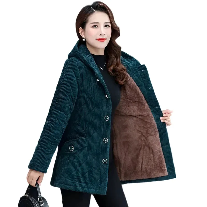 Corduroy Jackets for Women 2024 New Solid Loose Hooded Outerwear Warm Casual Overcoats Ideal for Middle-aged and Elderly Women