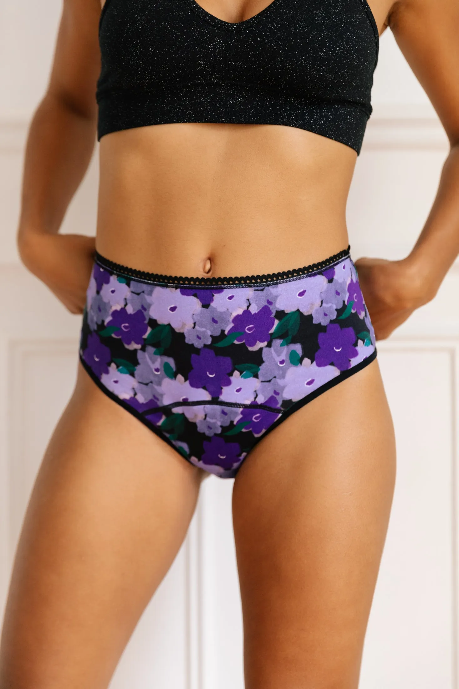 Culotte menstruelle Taille Haute - Flux abondant | Fleurs Violettes