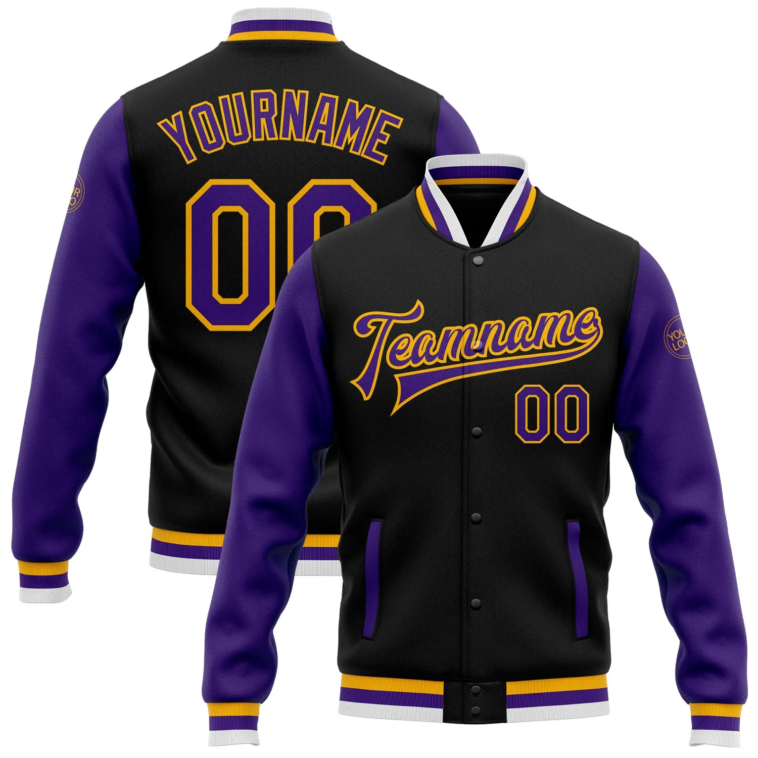 Custom Black Purple-Gold Bomber Full-Snap Varsity Letterman Two Tone Jacket