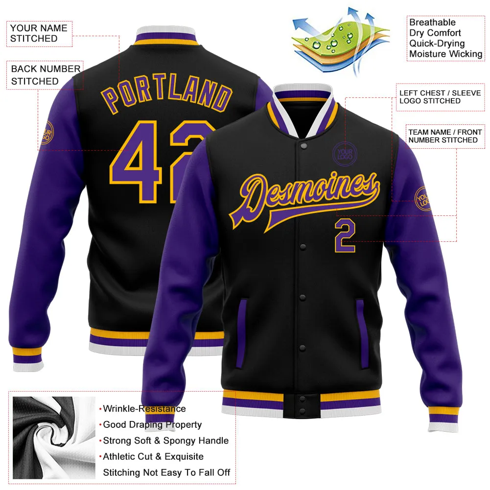 Custom Black Purple-Gold Bomber Full-Snap Varsity Letterman Two Tone Jacket