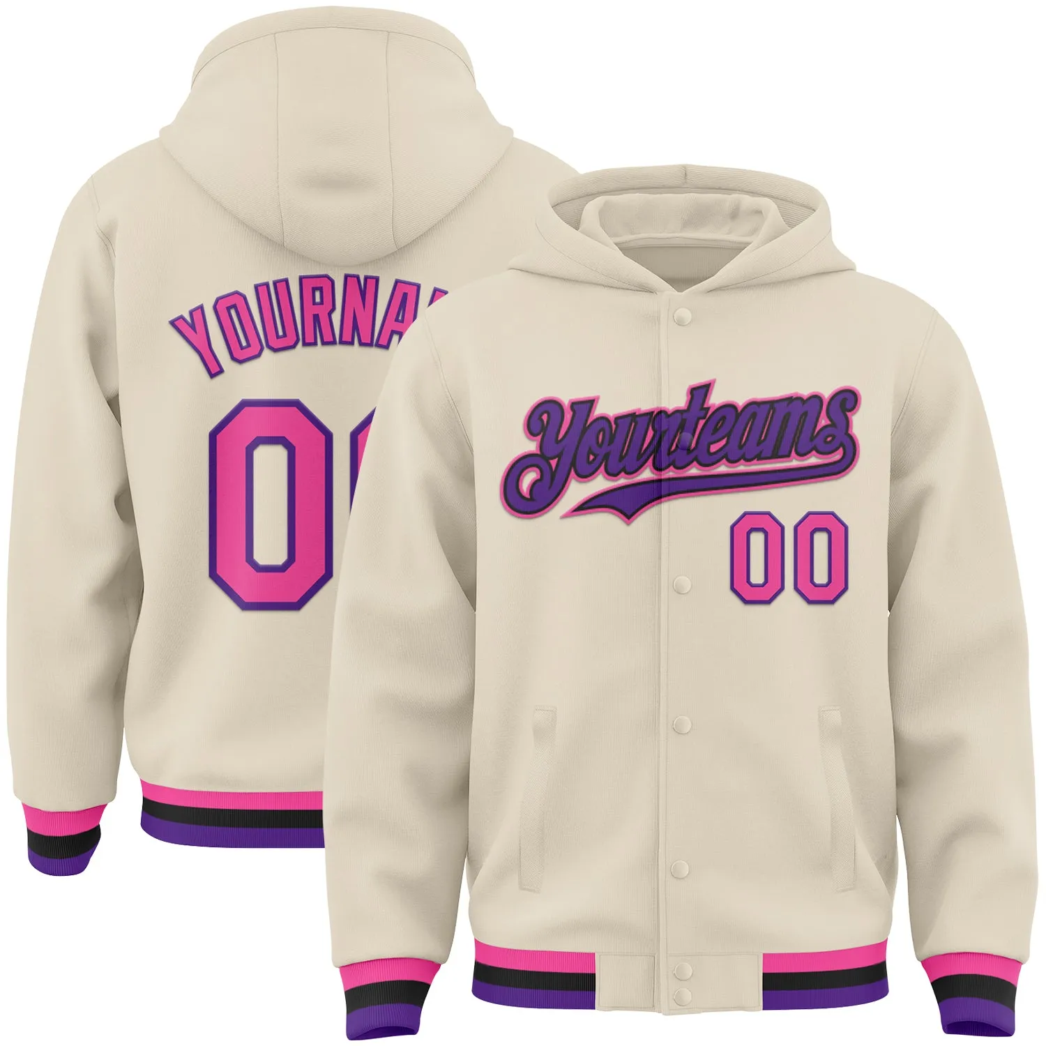 Custom Cream Pink Purple-Black Bomber Full-Snap Varsity Letterman Hoodie Jacket