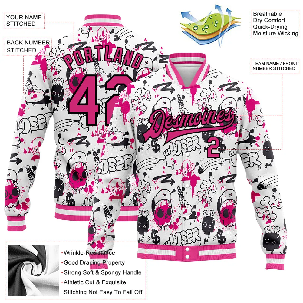 Custom Graffiti Pattern Pink-Black Abstract Grunge Art 3D Bomber Full-Snap Varsity Letterman Jacket